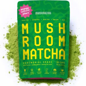 Mushroom Matcha + Lions Mane, Ashwagandha, Collagen Ceremonial Grade Macha Green Tea with 5 Mushrooms Powder – 30 Servings