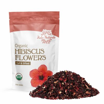 Halo Naturals Organic Hibiscus Flowers Cut & Sifted 1 Pound Hibiscus sabdariffa Packaged in The USA