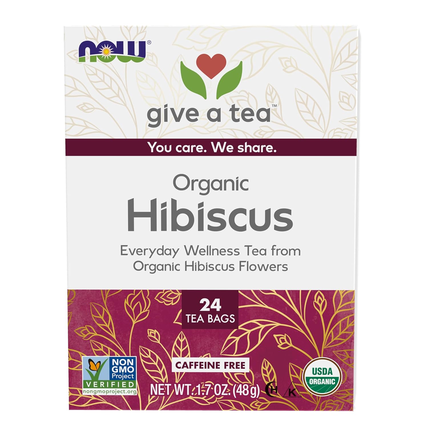 NOW Foods Organically Hip Hibiscus™ Tea Caffeine Free Unbleached Tea Bags with our No-Staples Design 24 Count