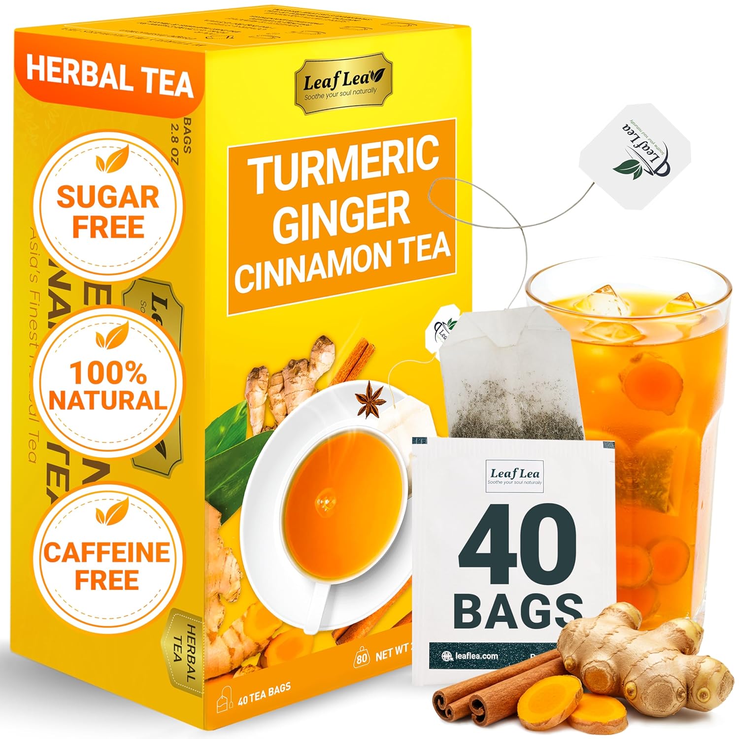 LeafLea 40 Turmeric Ginger Cinnamon Tea Bags 100% Natural Ingredients Herbal Tea Caffeine Free