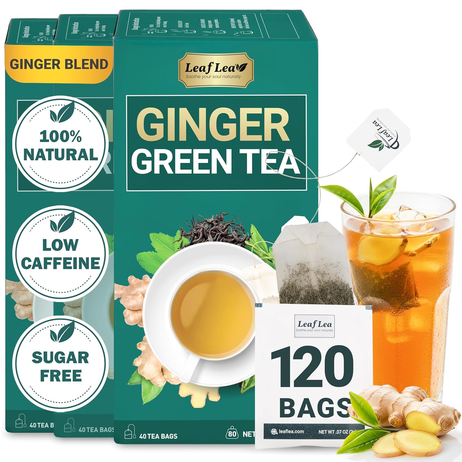 LeafLea Ginger Green Tea 120 Tea Bags Premium Green Tea Blend with Pure Ginger Root