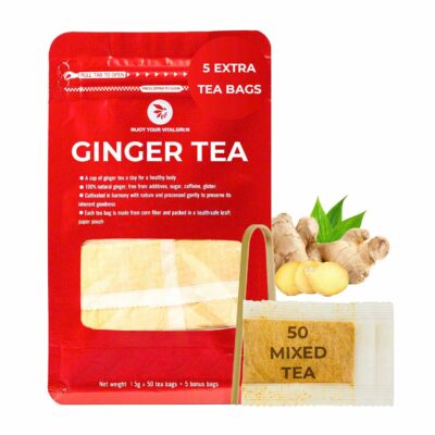 Ginger Tea Bags 55 Count +5 Tea Bags Bamboo Tong Included 4.16 oz Re-Steep Herbal Tea Blend