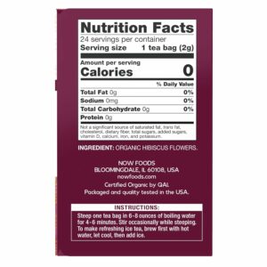 NOW Foods Organically Hip Hibiscus™ Tea Caffeine Free Unbleached Tea Bags with our No-Staples Design 24 Count