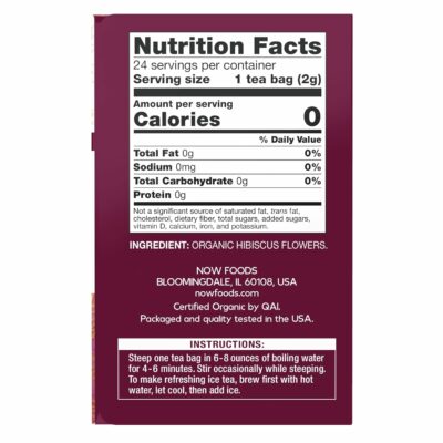 NOW Foods Organically Hip Hibiscus™ Tea Caffeine Free Unbleached Tea Bags with our No-Staples Design 24 Count