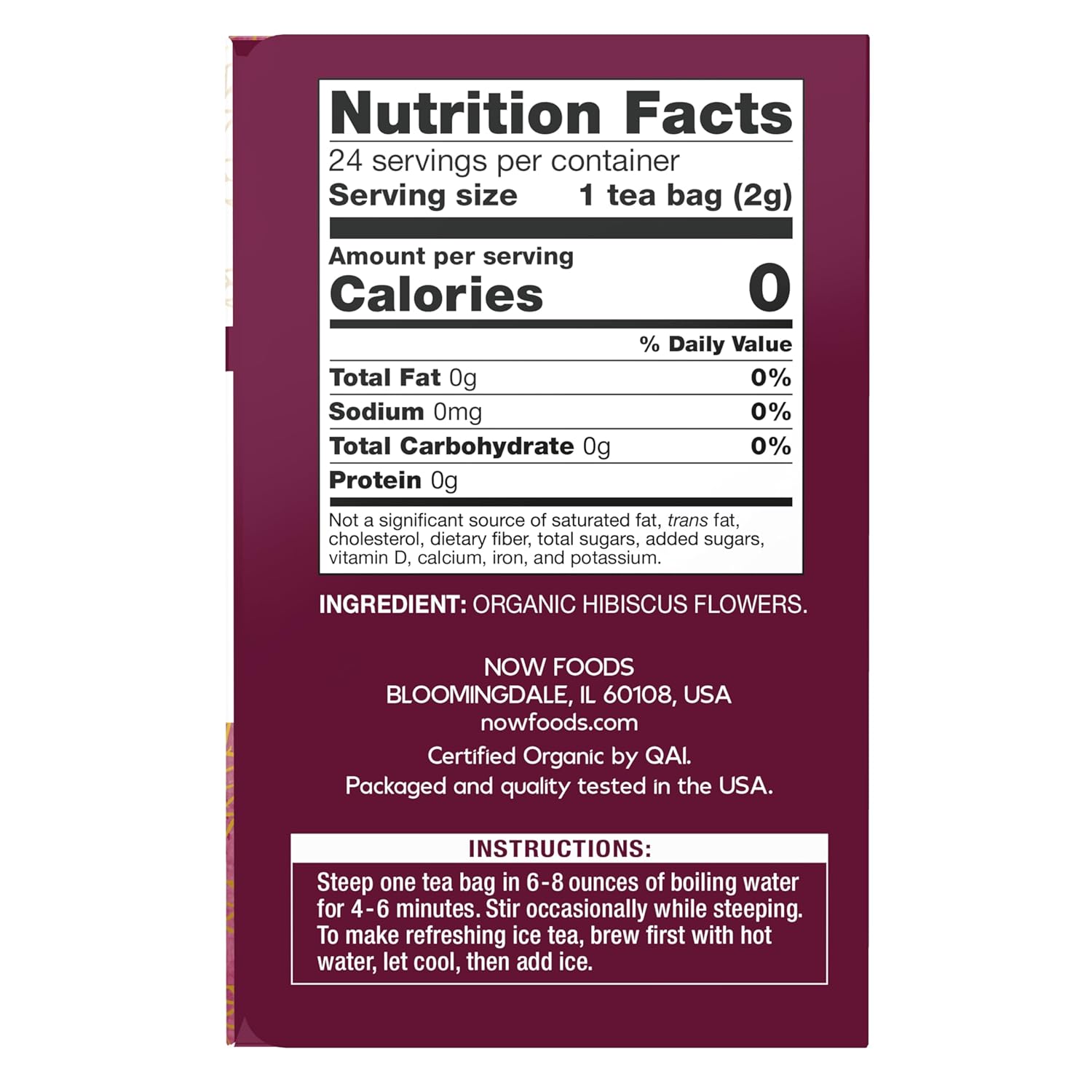 NOW Foods Organically Hip Hibiscus™ Tea Caffeine Free Unbleached Tea Bags with our No-Staples Design 24 Count