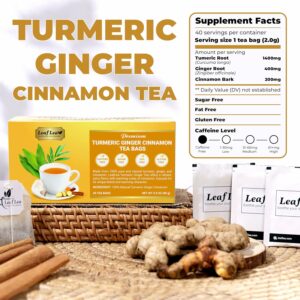LeafLea 40 Turmeric Ginger Cinnamon Tea Bags 100% Natural Ingredients Herbal Tea Caffeine Free