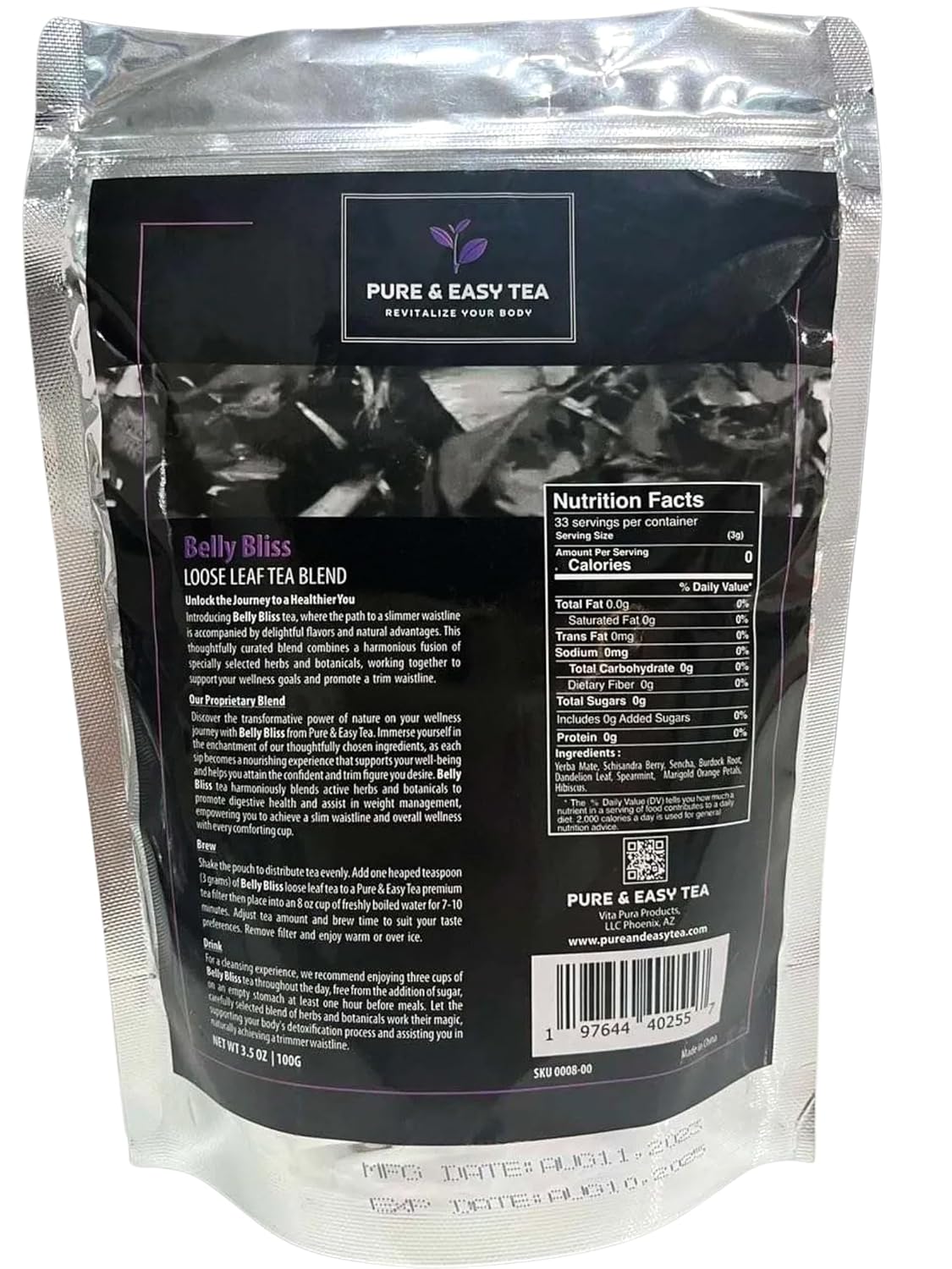 Pure And Easy Tea, Belly Bliss Natural Detox & Bloating Relief Tea 100% Natural Loose Leaf Slimming Blend with Yerba Mate 30 Day Supply 100g