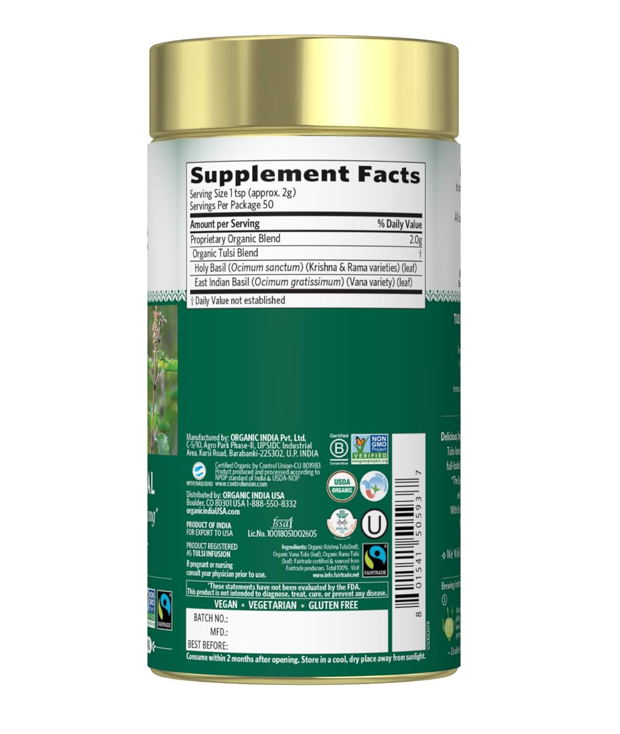 Organic India Tulsi Original Herbal Tea Loose Leaf Holy Basil and African Basil Calming and Stress Relief Tea Caffeine Free 3.5 oz Canister