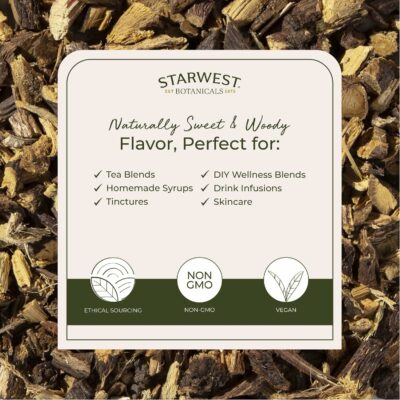 Starwest Botanicals Organic Dried Licorice Root Herb for Loose Leaf Tea Blends Starwest Botanicals Organic Dried Licorice Root - Herb for Loose Leaf Tea Blends 4oz Pouch
