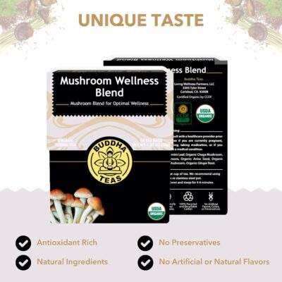 Buddha Teas Organic Mushroom Wellness Blend Herbal Tea For Health & Wellbeing Caffeine Free 18 Tea Bags Pack of 1