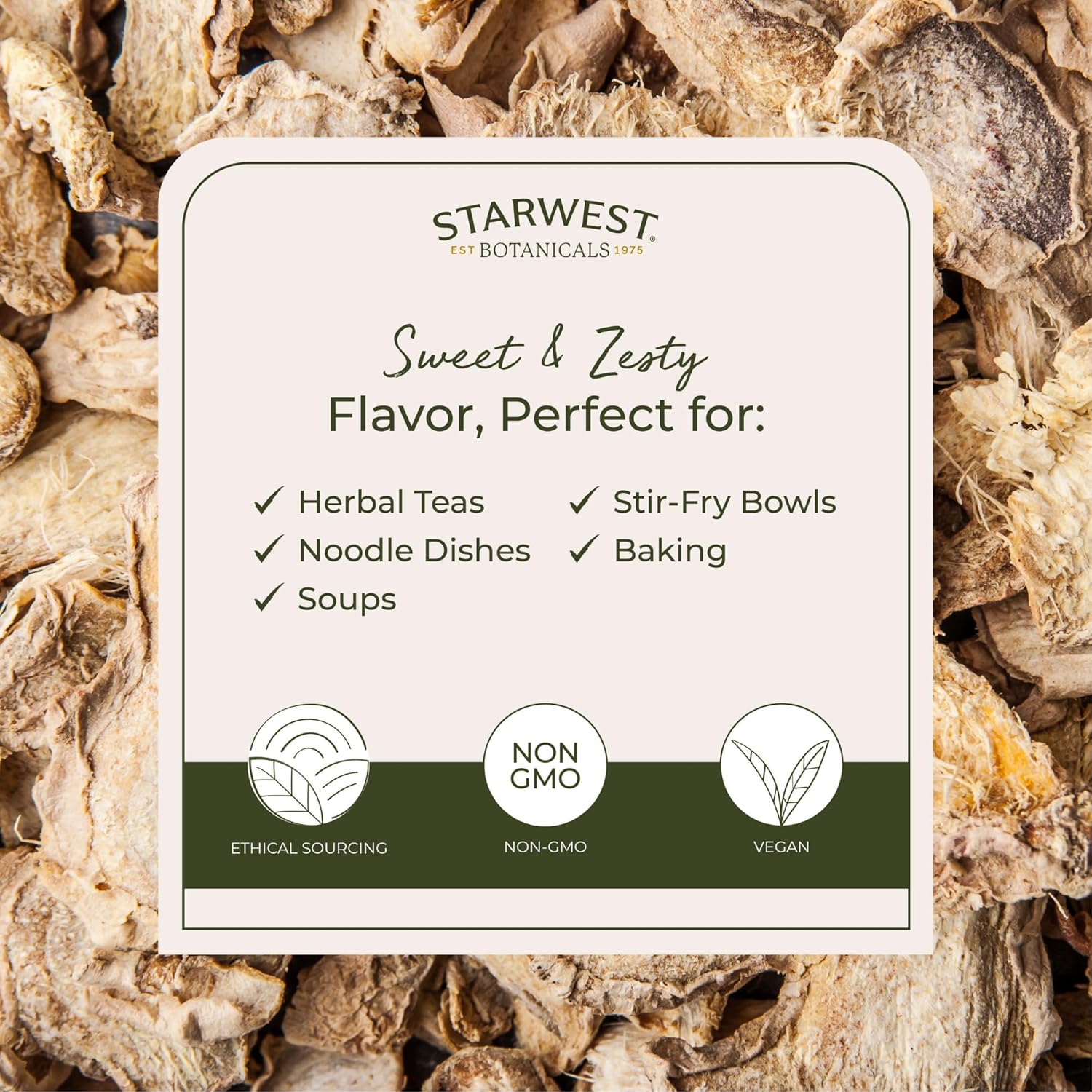 Starwest Botanicals Organic Ginger Root Dried Ginger Herb for Tea Cut and Sifted Bulk 1 lb Bag