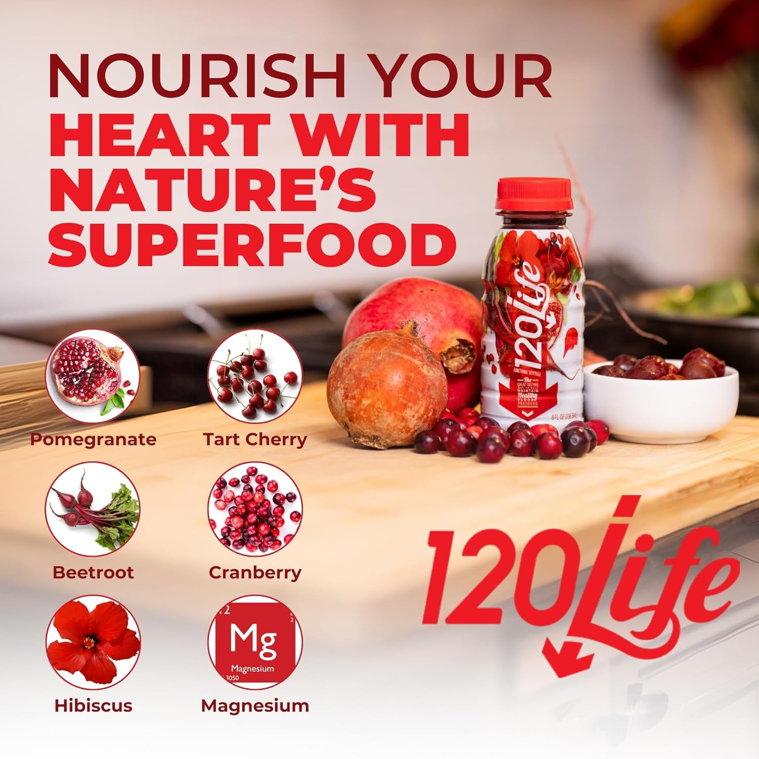 120Life Blood Pressure Support Beet Root Juice Pomegranate Extract Cranberry Juice Tart Cherry Hibiscus and Magnesium 8 Fl Oz Pack of 14