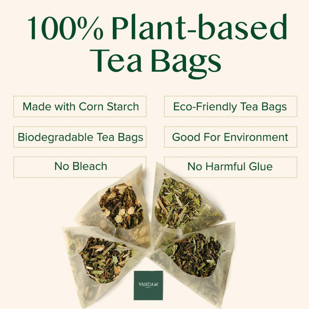 VAHDAM Organic Himalayan Green Tea Resealable & Plant Based Pyramid Tea Bags 100 Teabags