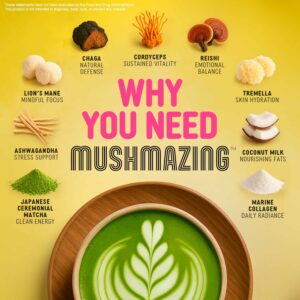 Mushroom Matcha + Lions Mane, Ashwagandha, Collagen Ceremonial Grade Macha Green Tea with 5 Mushrooms Powder – 30 Servings