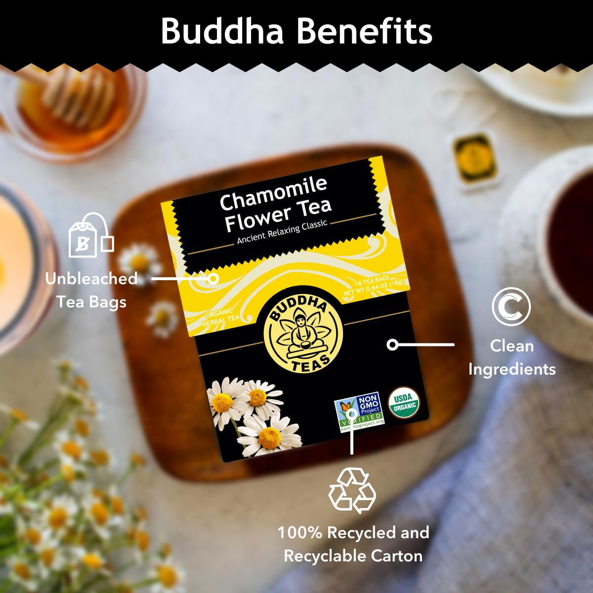 Buddha Teas Organic Chamomile Flower Tea Herbal Tea For Health & Wellbeing Caffeine Free 18 Tea Bags Pack of 1
