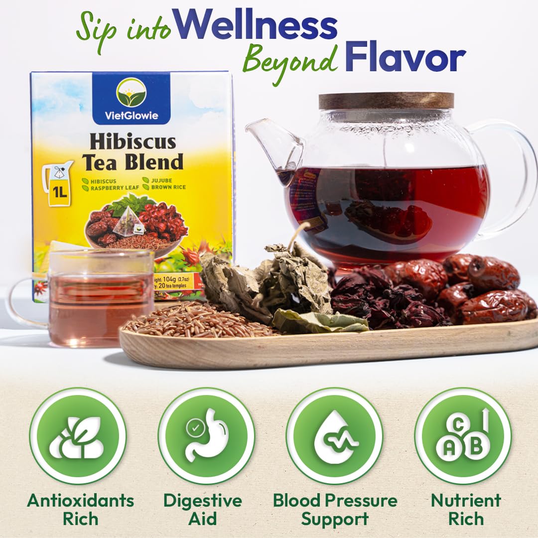 VietGlowie 20 Hibiscus Blend Pyramid Tea Bags 5.2gBag to 33oz Caffeine-Free