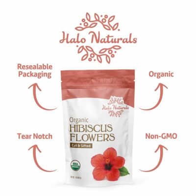 Halo Naturals Organic Hibiscus Flowers Cut & Sifted 1 Pound Hibiscus sabdariffa Packaged in The USA