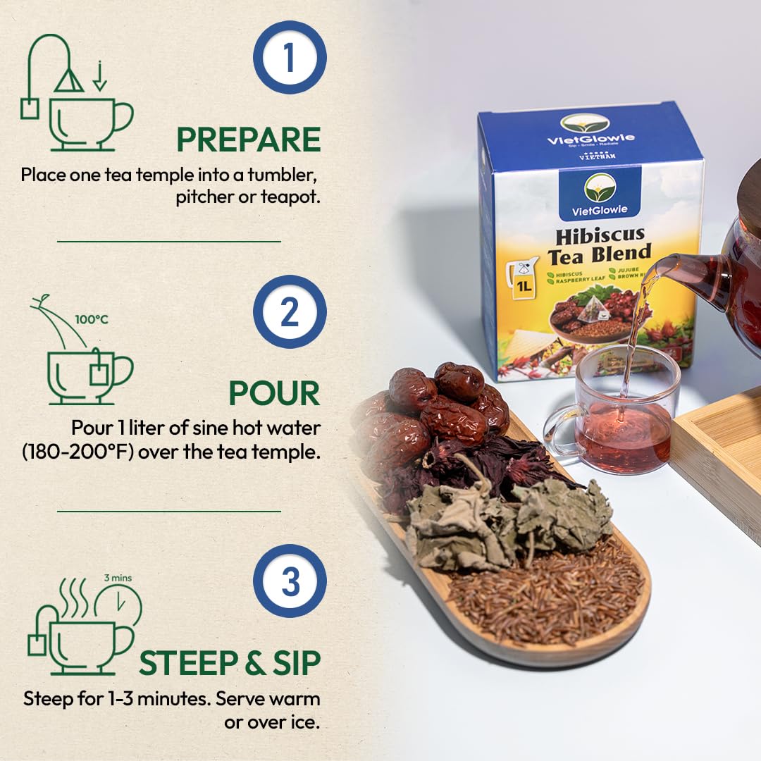 VietGlowie 20 Hibiscus Blend Pyramid Tea Bags 5.2gBag to 33oz Caffeine-Free