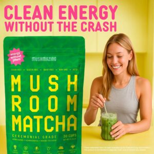 Mushroom Matcha + Lions Mane, Ashwagandha, Collagen Ceremonial Grade Macha Green Tea with 5 Mushrooms Powder – 30 Servings