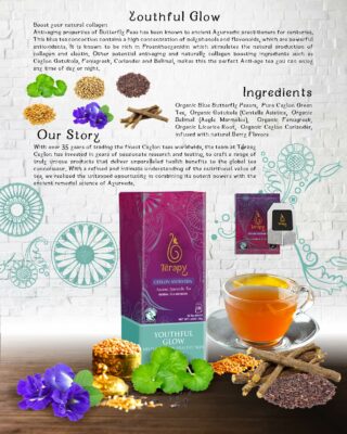 Térapy Ceylon Youthful Glow Herbal Tea Bags Helps Maintain Healthy Skin and Hair Individually Wrapped Organic Tea Bags 18 Count