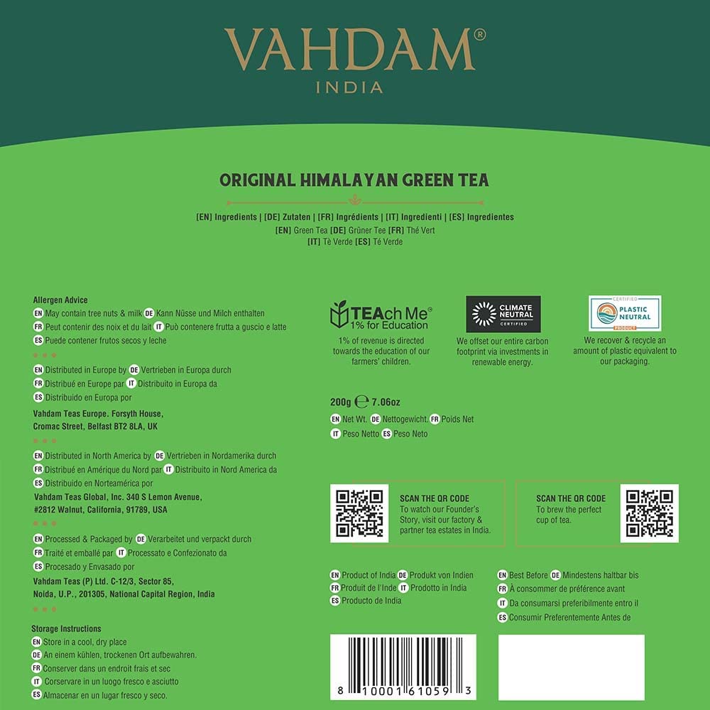 VAHDAM Organic Himalayan Green Tea Resealable & Plant Based Pyramid Tea Bags 100 Teabags