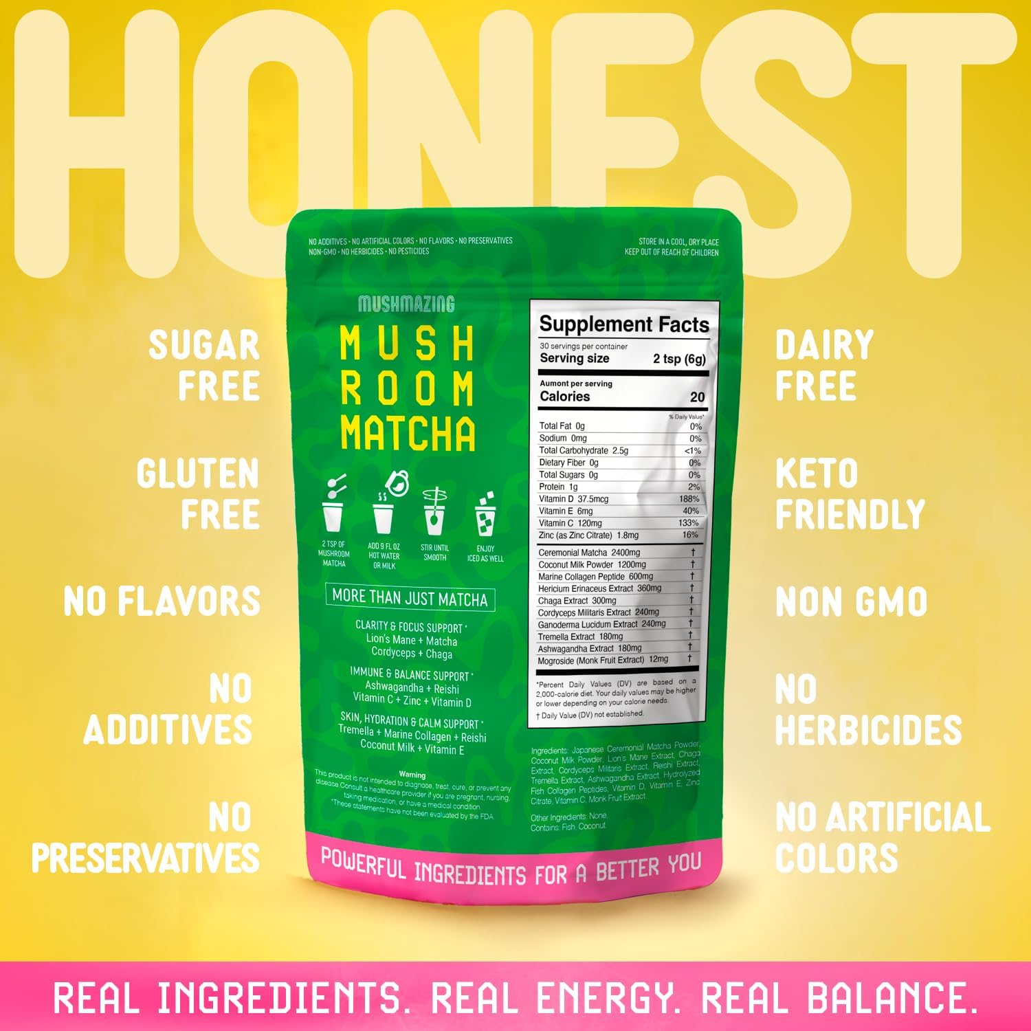 Mushroom Matcha + Lions Mane, Ashwagandha, Collagen Ceremonial Grade Macha Green Tea with 5 Mushrooms Powder – 30 Servings