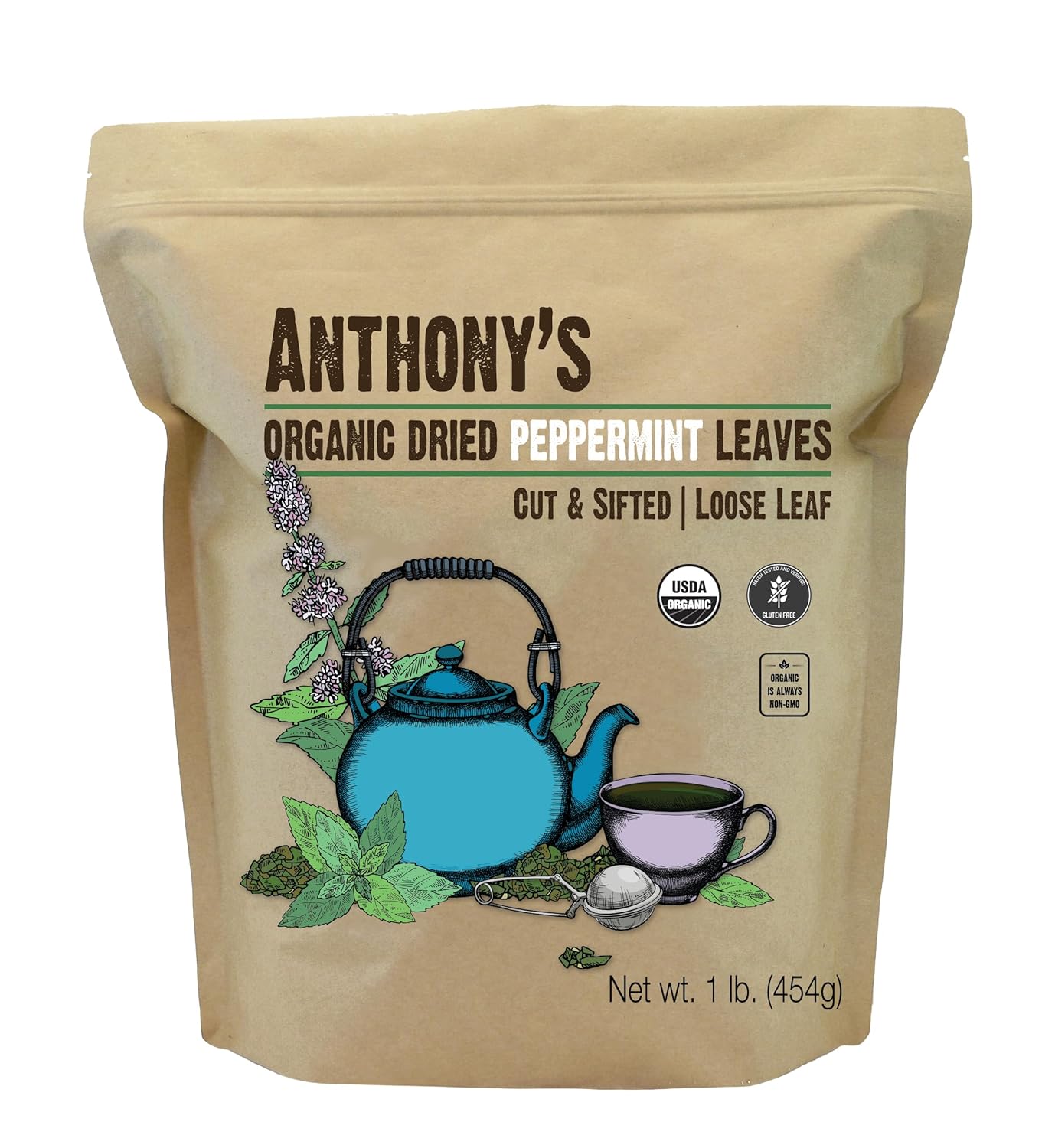 Anthony's Organic Peppermint Leaves 1 lb Gluten Free Non GMO Cut & Sifted
