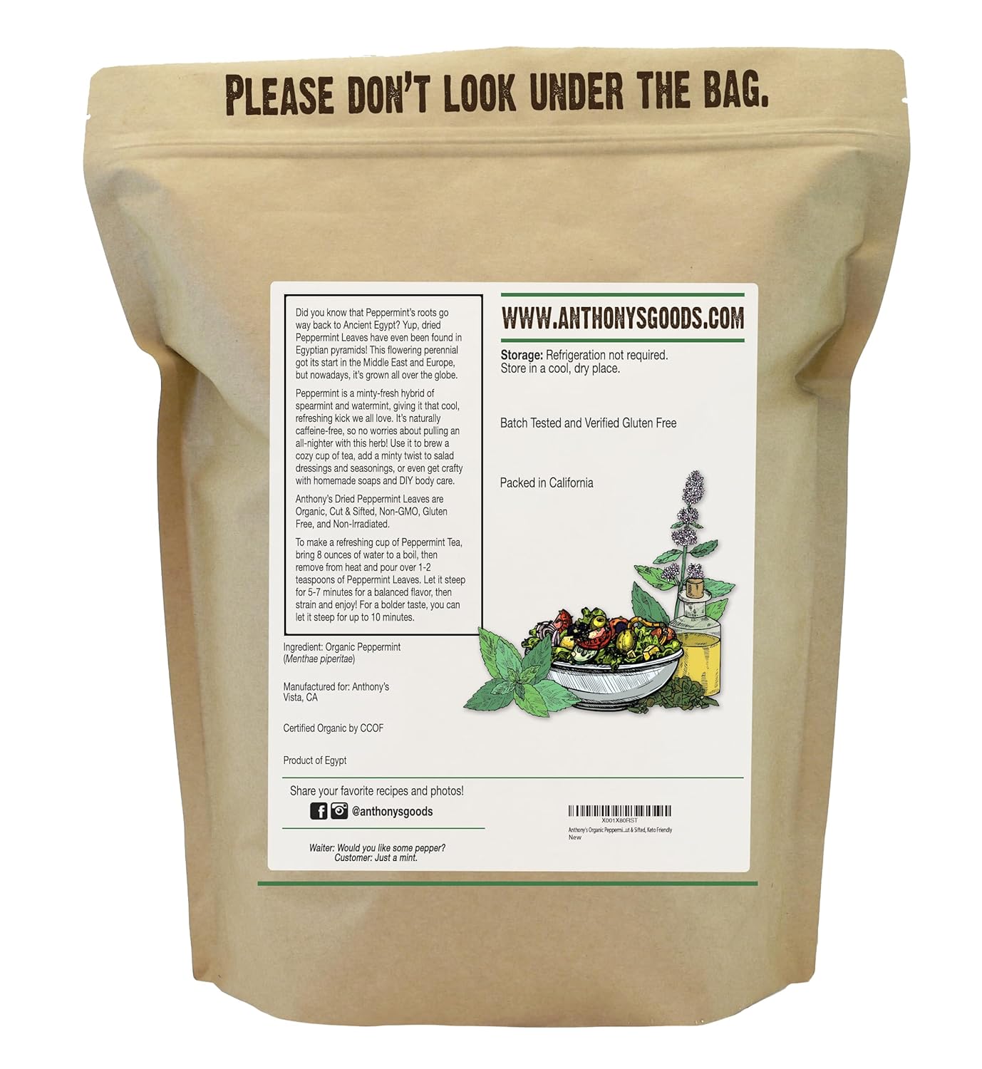 Anthony's Organic Peppermint Leaves 1 lb Gluten Free Non GMO Cut & Sifted