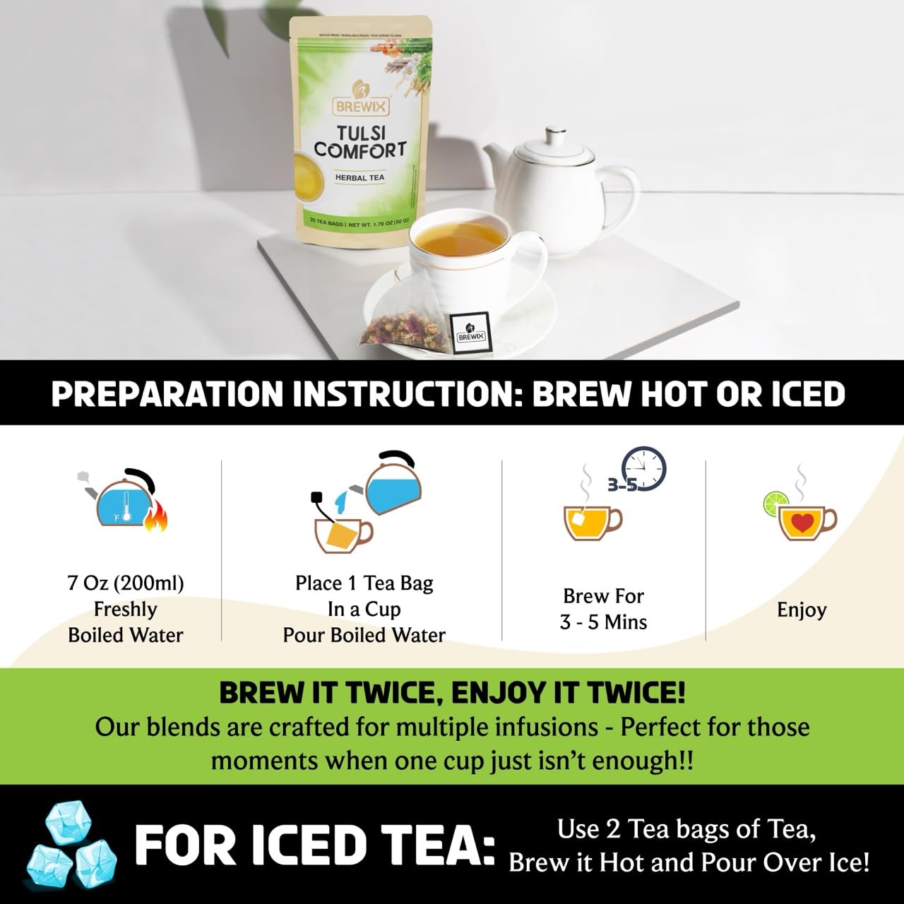 BREWIX Tulsi Holy Basil Tea Bags 25 Pyramid Bags Tulsi Leaves Caffeine Free