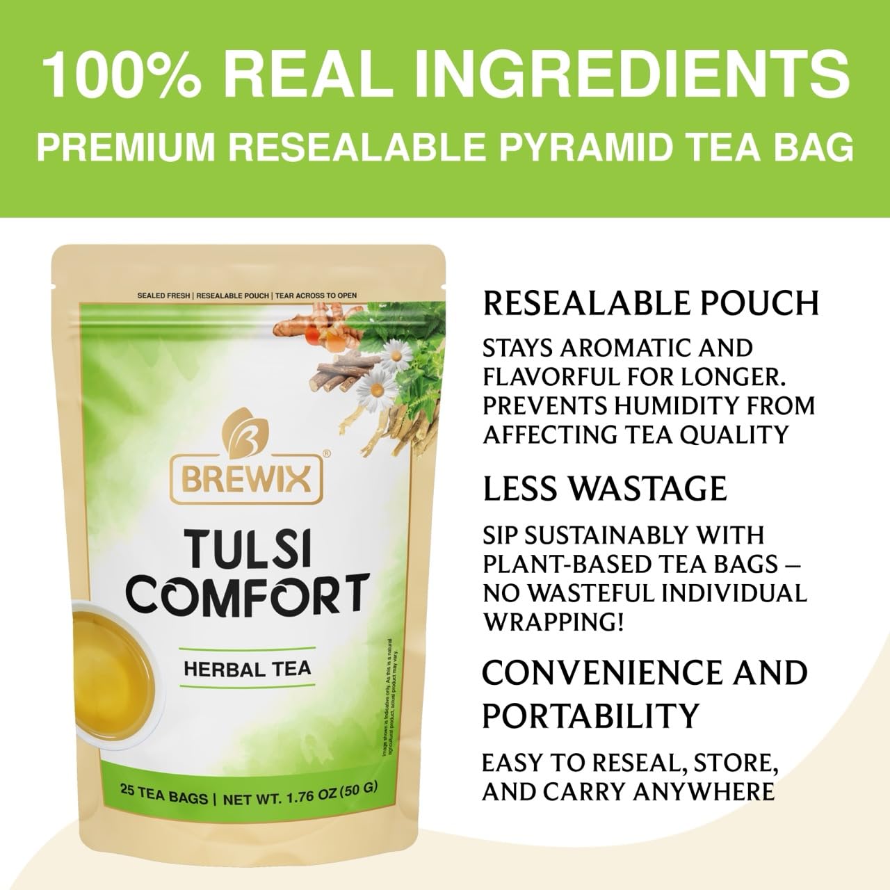 BREWIX Tulsi Holy Basil Tea Bags 25 Pyramid Bags Tulsi Leaves Caffeine Free
