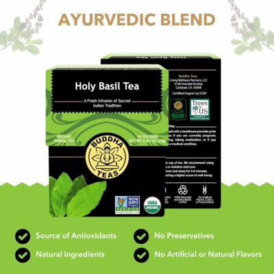 Buddha Teas Holy Basil Organic Herbal Tea Caffeine Free 100% Kosher & Non-GMO 18 Tea Bags Pack of 1