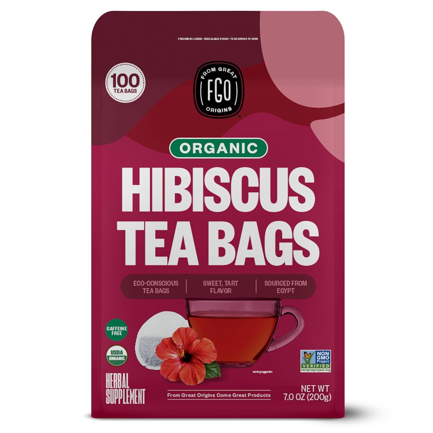 FGO Organic Hibiscus Tea 100 Count Caffeine Free Pack of 1