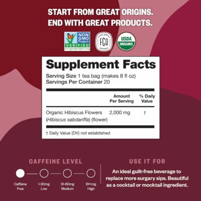 FGO Organic Hibiscus Tea 100 Count Caffeine Free Pack of 1