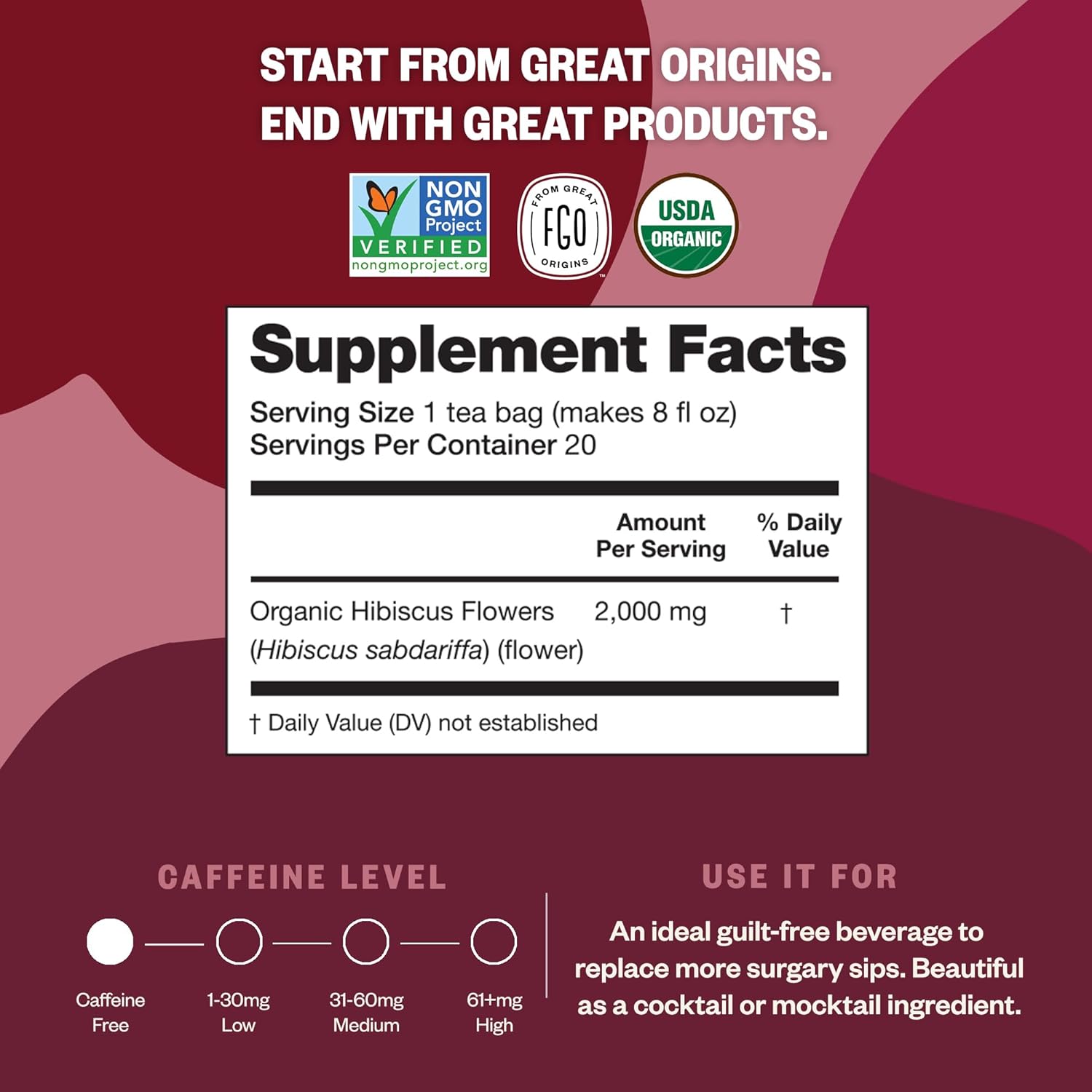 FGO Organic Hibiscus Tea 100 Count Caffeine Free Pack of 1