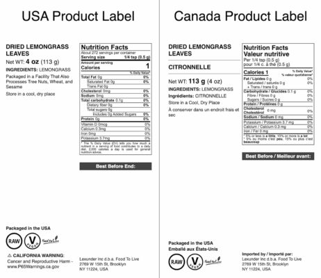 Food to Live Dried Lemongrass Leaves 4 Ounces Cut Lemon Grass Herb Perfect for Herbal Tea