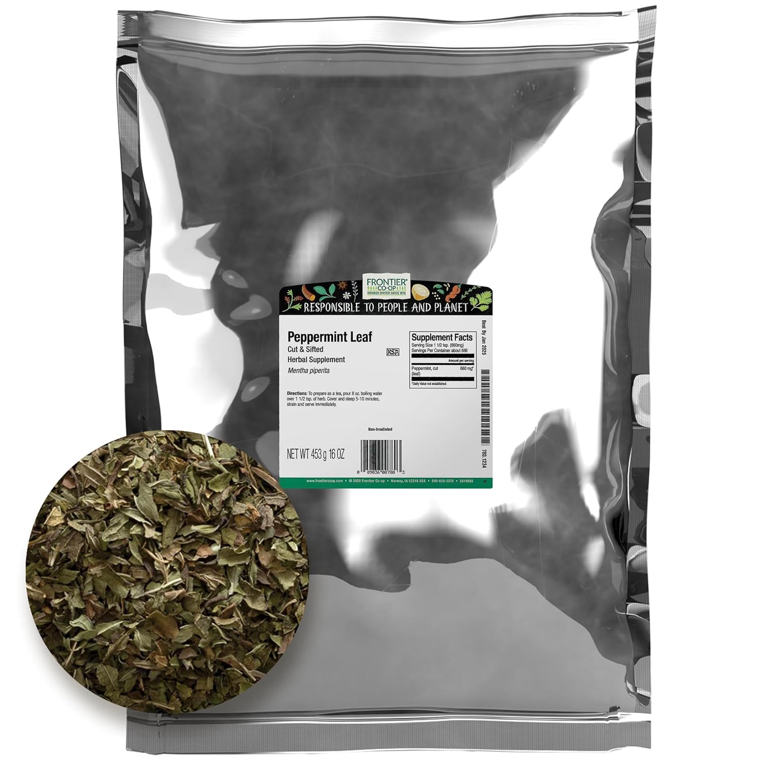 Frontier Co-op Bulk Peppermint Leaf 1 Pound Cut Sifted Peppermint For Tea & Cooking Cool Refreshing Scent