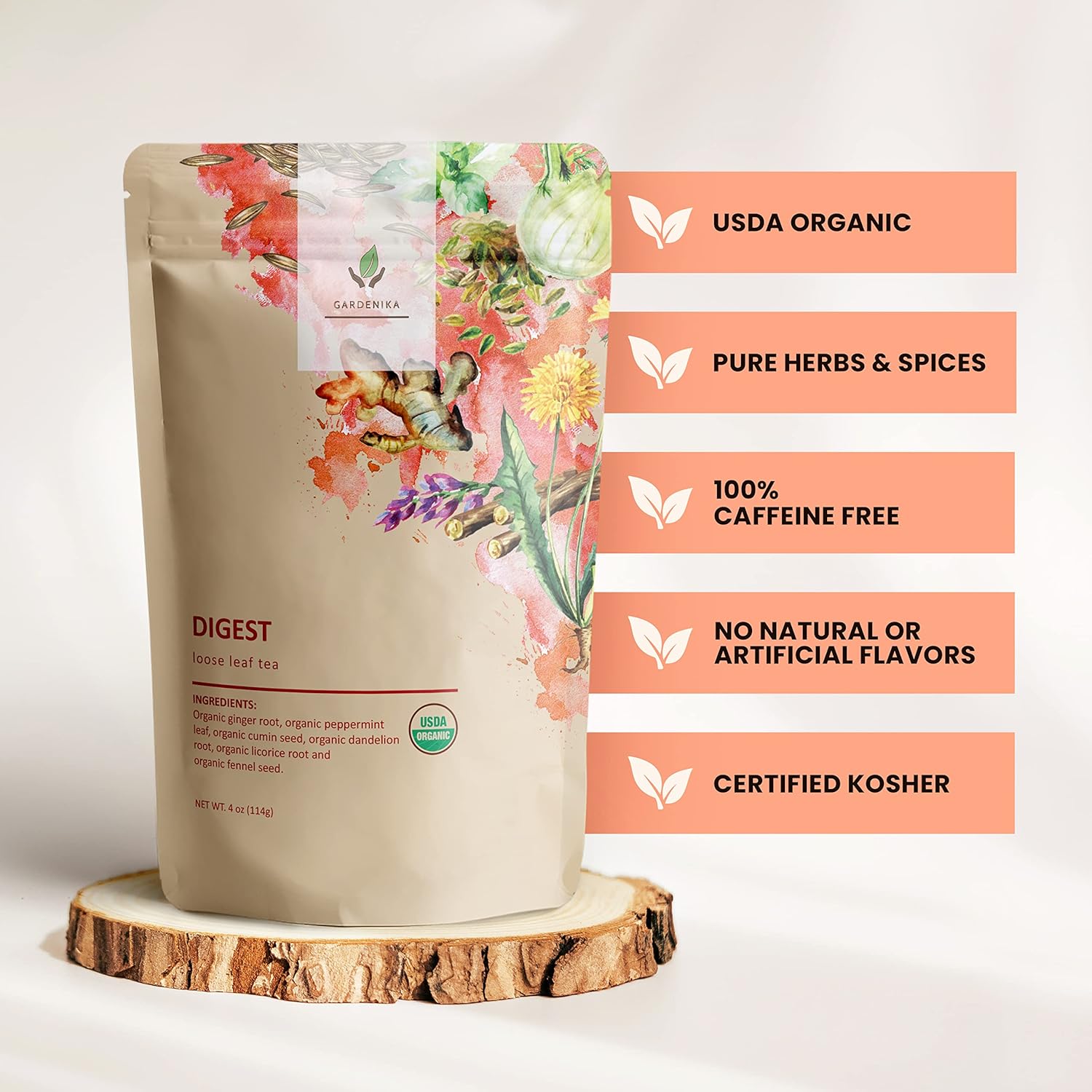 Gardenika Organic Digestive Loose Leaf Tea Stomach Ease Peppermint Licorice 4 oz