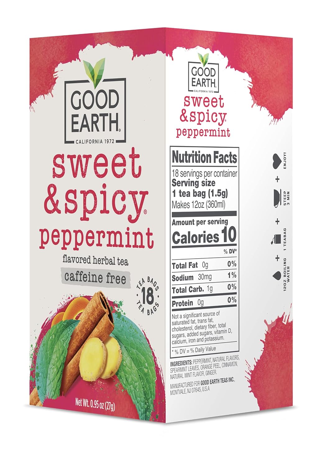 Good Earth Sweet & Spicy Caffeine Free Peppermint Herbal Tea 18 Tea Bags Pack of 6