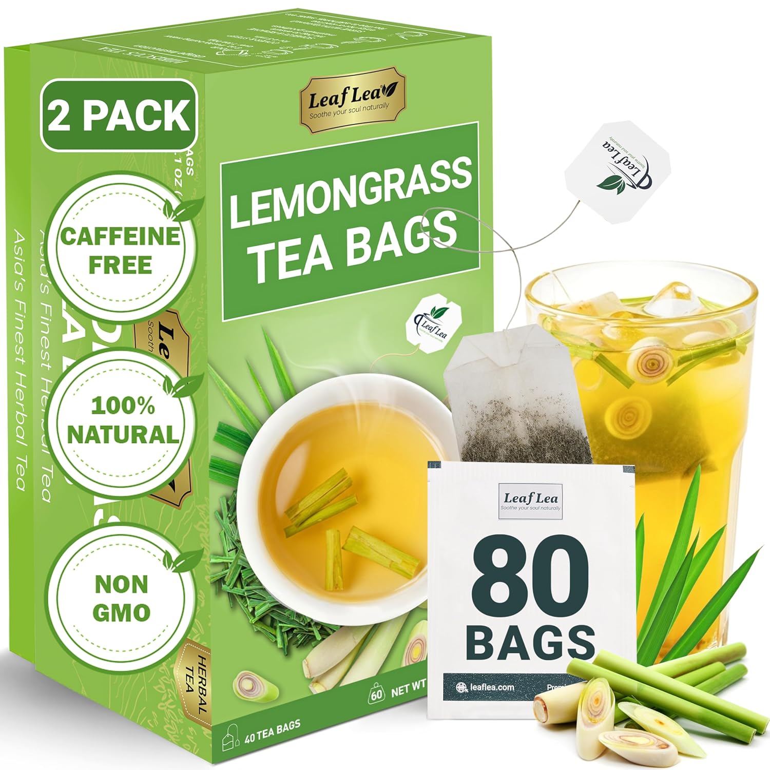 LeafLea 80 Premium Lemongrass Tea Bags Natural Herbal Lemongrass Leaves Caffeine Free