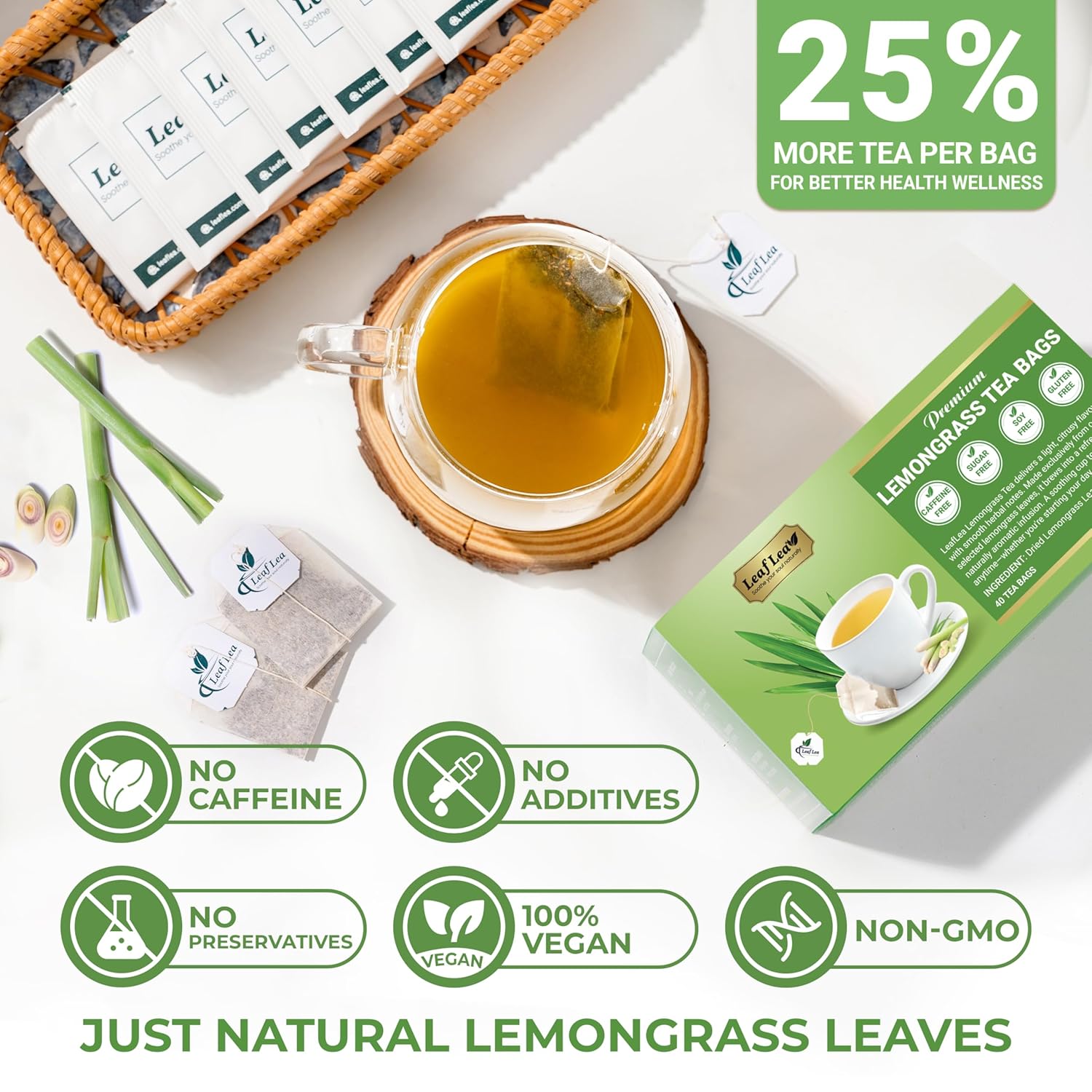 LeafLea 80 Premium Lemongrass Tea Bags Natural Herbal Lemongrass Leaves Caffeine Free