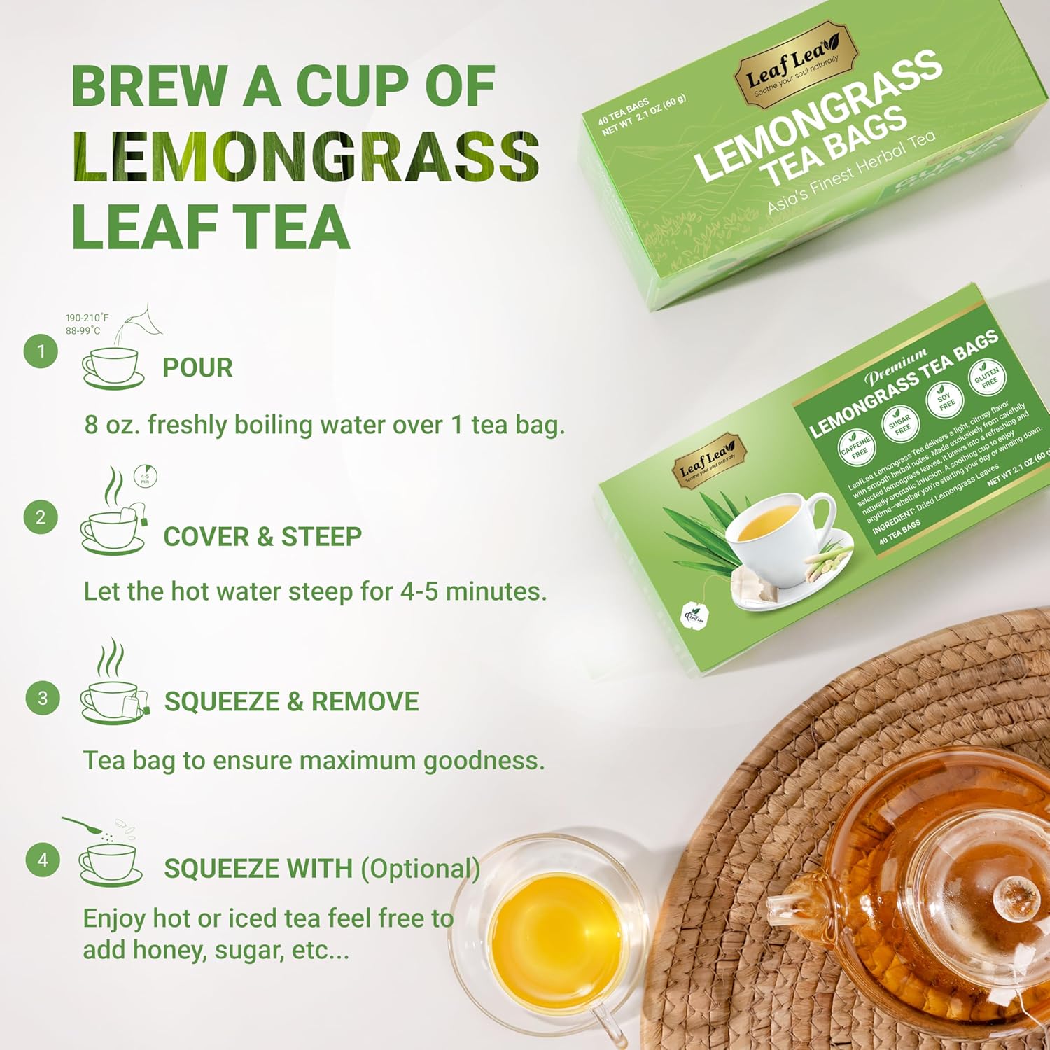 LeafLea 80 Premium Lemongrass Tea Bags Natural Herbal Lemongrass Leaves Caffeine Free