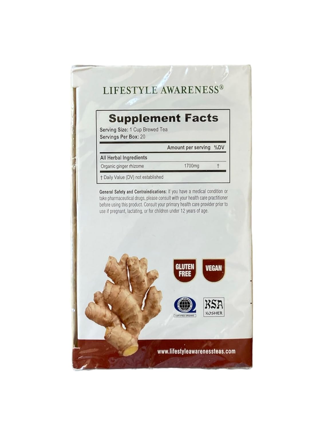 Lifestyle Awareness Teas Caffeine Free Organic Ginger Root Tea 20 Count Pack of 1