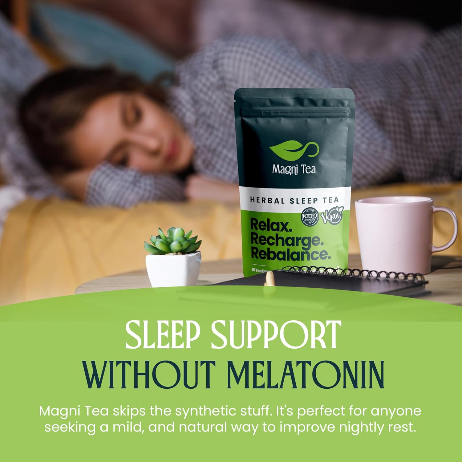 MagniTea Herbal Sleep Muscle Relaxation Tea Bedtime Solution Blend Stress Relief Melatonin Free