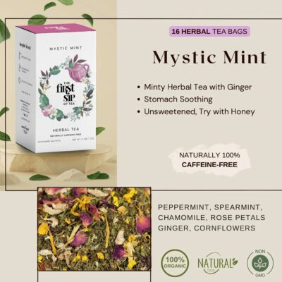 Mystic Mint Peppermint Spearmint & Ginger Herbal Tea Bags Caffeine Free 16 Cups