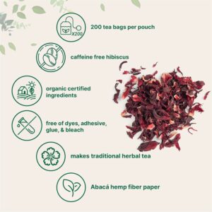 Organic Hibiscus Tea Bags 200 Teabags Caffeine Free Herbal Tea Eco-Friendly Hemp Paper Tea Bags