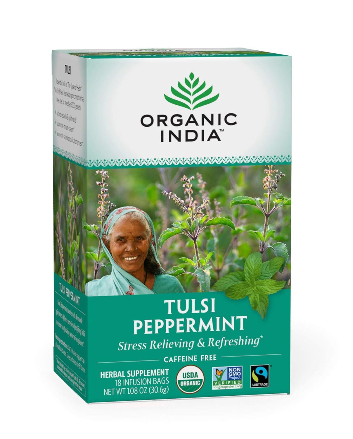 Organic India Tulsi Peppermint Herbal Tea Holy Basil, Stress Relieving & Refreshing Caffeine Free 18 Bags 1 Pack
