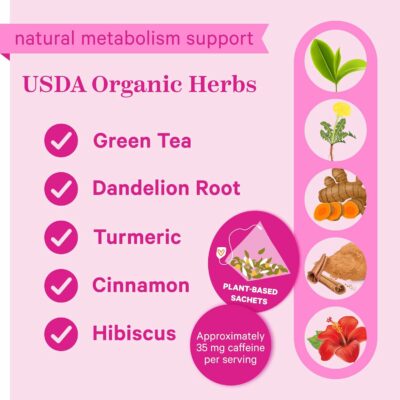 Pink Stork Organic Slim Tea Dandelion Root Green Tea Ginger and Hibiscus for Detox Bloating Relief 15 Sachets