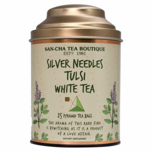 Sancha Tea Boutique Tulsi White Tea 25 Pyramid Bags Indian Holy Basil Leaves with Silver Needle White Tea