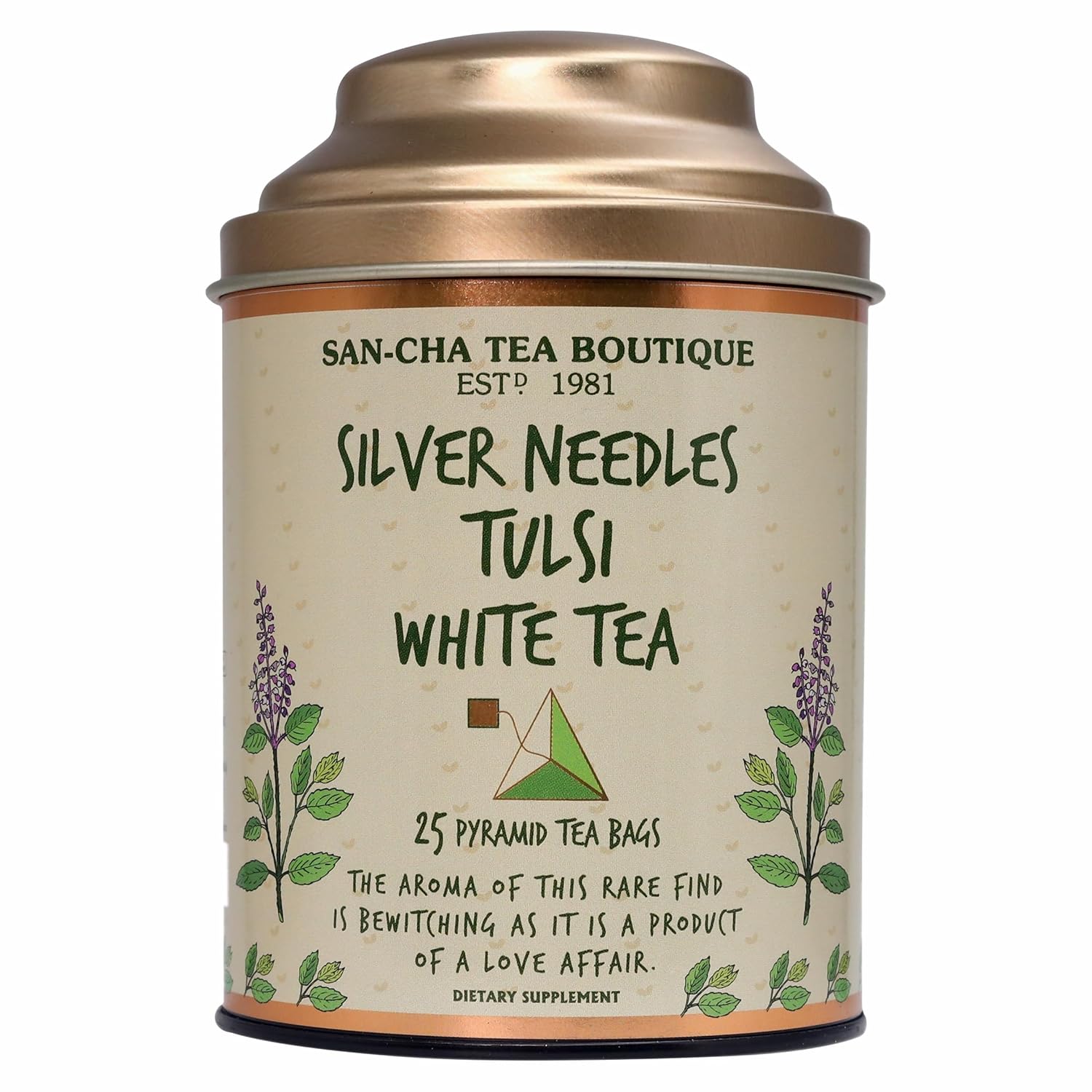 Sancha Tea Boutique Tulsi White Tea 25 Pyramid Bags Indian Holy Basil Leaves with Silver Needle White Tea