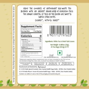 Sancha Tea Boutique Tulsi White Tea 25 Pyramid Bags Indian Holy Basil Leaves with Silver Needle White Tea
